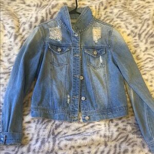 Wax Jean Distressed Denim Jacket with Embroidered Details Size Medium